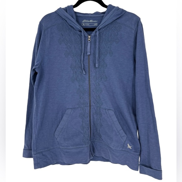 Eddie Bauer Jackets & Blazers - Eddie Bauer Embroidered Blue Cotton Zip Front Hoodie Jacket Size L